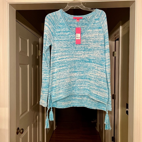 $138 NWT Lilly Pulitzer Jody V-Neck Sweater in Almafi Blue Marbled Size SMALL - Picture 1 of 3